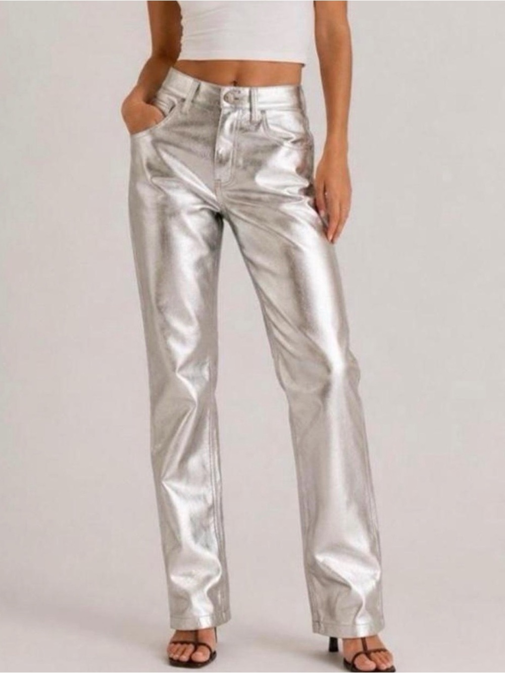 Silver Metallic High-Rise Straight Jeans